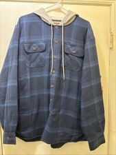Wrangler Jacket Mens Large Blue Plaid Flannel Shacket Hooded Quilted Shirt
