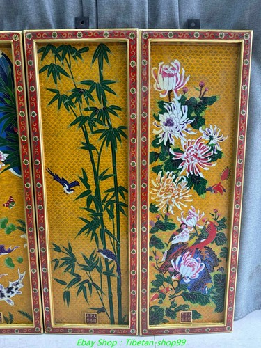35.4''Old Cloisonne Enamel Bronze Gold Plum orchid Bamboo Mirror Screen Set - Picture 3 of 9