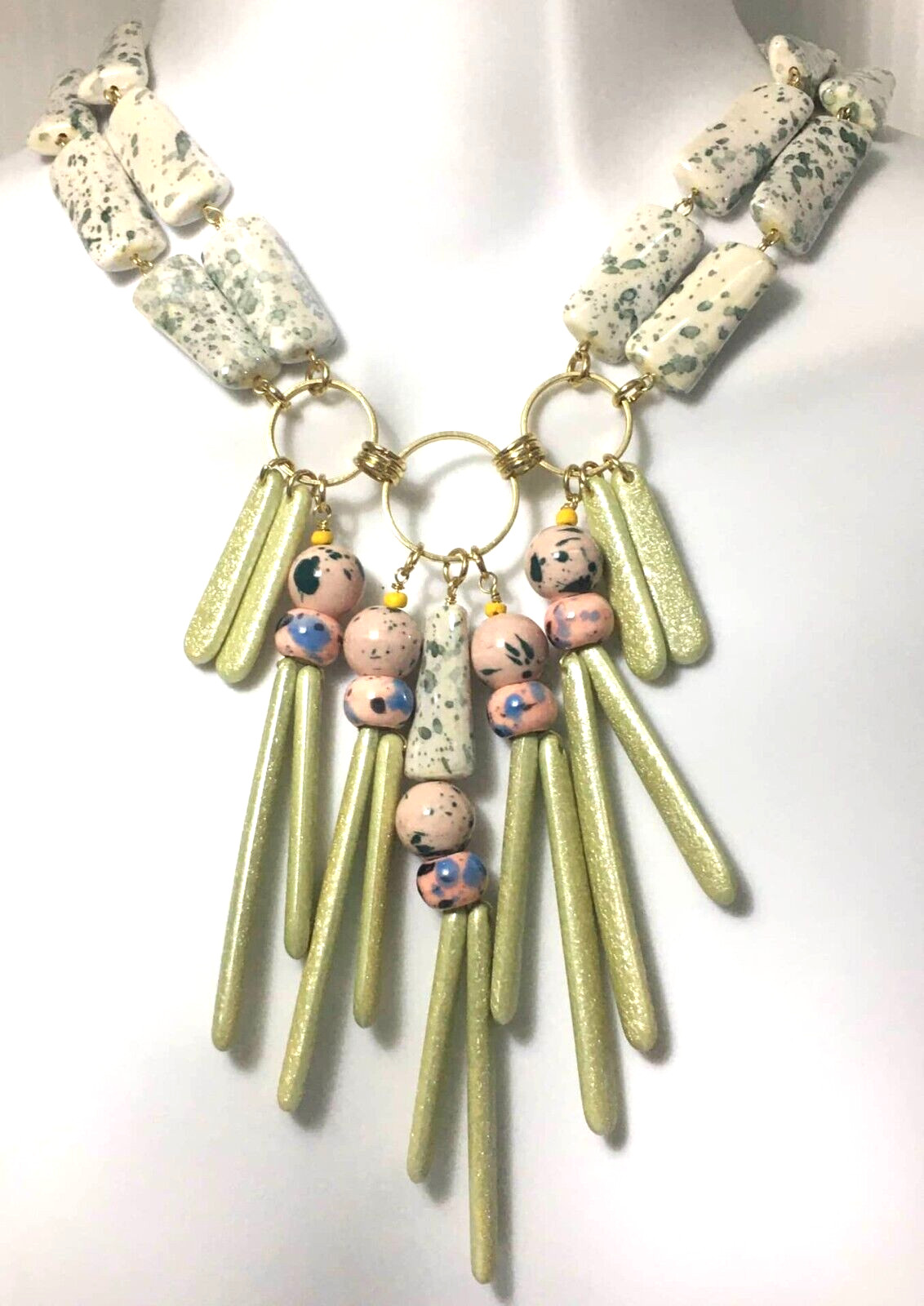 Statement Necklace Double Strand Light Green Pink… - image 2