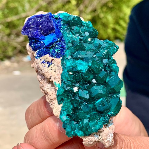 188G Natural green dioptase emerandine+azurite gemstone cluster mineral specimen - Picture 2 of 21