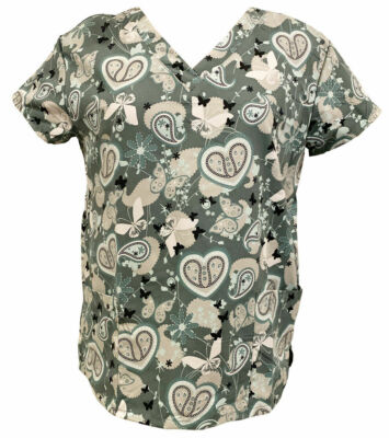 Serene Uniform Women's Medical Scrub Printed Tops Gray Paisley Hearts Pewter M