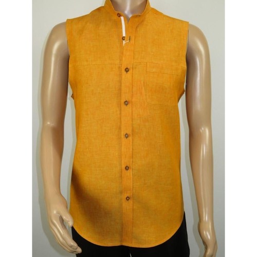 Mens INSERCH linen Shirt Banded Chinese Collar Sleeves-Less SS719 Sunburst - Picture 7 of 20