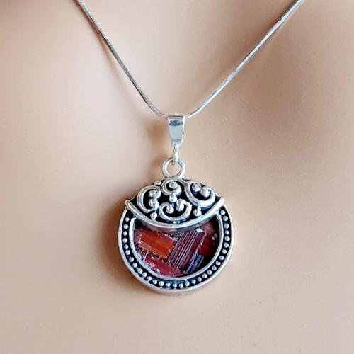 Sterling Silver Round Pendant w/ Straw Inlay on 17" Snake Chain SX 925 Thailand - Picture 1 of 9