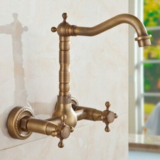 Antique Brass Kitchen Sink Faucet Swivel Spout Wall Mount Dual Handle Mixer Tap