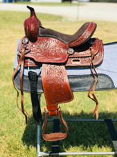 Youth - Kids Black Floral Tooled Western Horse Barrel Saddle With Free Shipping