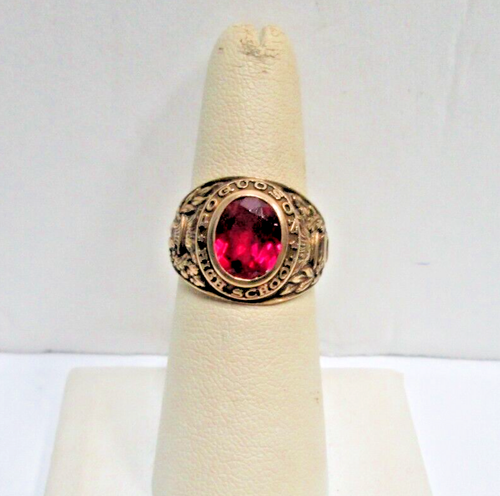 1948 Poquoson High School Class Ring Red Spinel SOLID 10K Yellow Gold 6.5 men's - Picture 2 of 13