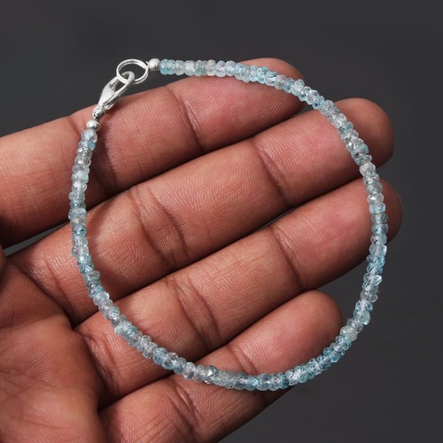 Natural Blue Zircon Beaded Bracelet, 3.5-4mm Faceted Rondell Beaded Bracelet - Picture 2 of 6
