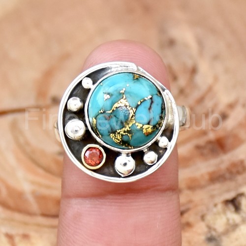 Copper Turquoise Ring, 925 Sterling Silver Ring, Handmade Women's Ring Boho Ring - Picture 2 of 5