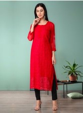 Chikankari kurti elegant red color soft georgette fabric hadmade with free inner