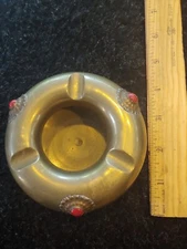 Vintage brass Ashtray, Red Cabachon Details. 4" Diameter.  Handsome, MCM.