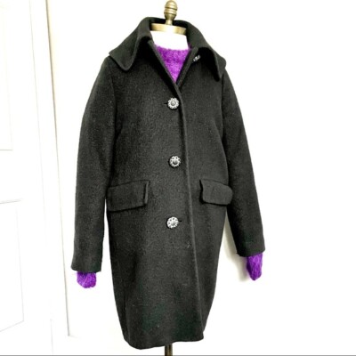 Vintage 60s Style Black Wool Cocoon Midi Big Collar Mid Length Car