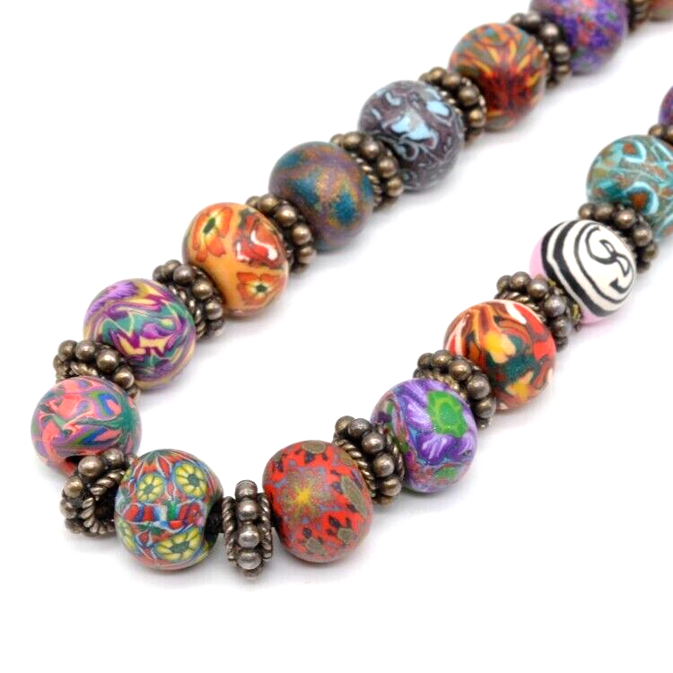 Handmade Beaded Necklace with 925 Silver Spacers and Rolled Clay Beads 17 Inch B182
