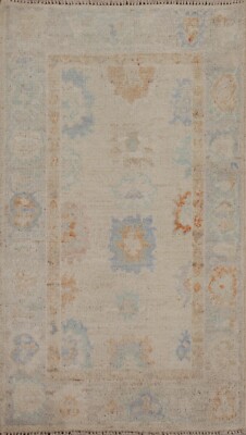 Muted Geometric Oushak Traditional Turkish Rug 2x4 Wool Handmade Oriental Carpet