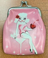 Coin Purse Fluff Pink 2 side design kiss-lock closure retro design embroidered