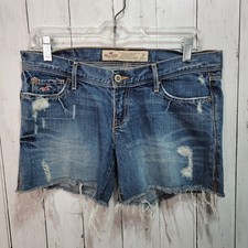 Hollister Blue Distressed Cut-off Hem Stretch Denim Jean Shorts Size 3 Low Rise