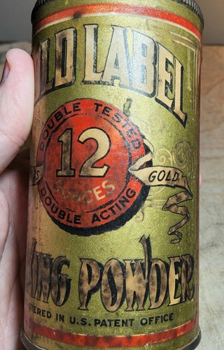 ANTIQUE GOLD LABEL BAKING POWDER UNOPENED TIN 12 OUNCES JAQUES MFG. CO. CHICAGO - Picture 9 of 13