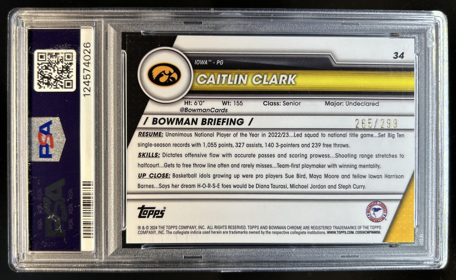 2023-24 Bowman University Chrome Caitlin Clark Aqua Refractor #/299 PSA 9 view 2