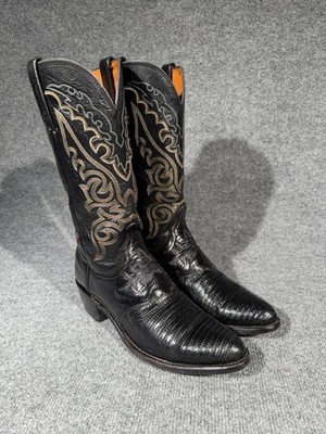 Lucchese Exotic Black Teju Lizard Saddle Vamp Western Cowboy Boots Men s 8.5 D