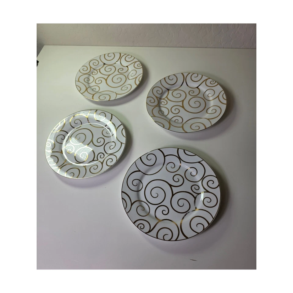 Set of 4 PIER 1 IMPORTS White with Gold Swirl Porcelain 7 5/8" Salad Plates - Image 2 of 4