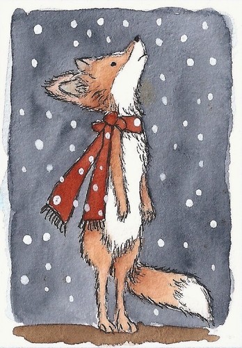 cute FOX winter snow ACEO Original watercolor & ink