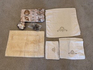 Coastal Bathroom Bundle – Towels, Bath Mat, Shower Curtain,  Decorative Shells