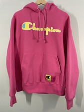 Champion Chenille Spell Out Reverse Weave Pink Yellow Hoodie Comfort Mens M