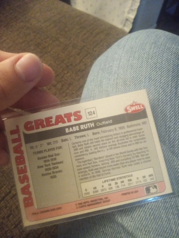 1991 Swell Baseball Greats - Babe Ruth #124 - Image 2 of 3