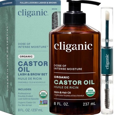 Cliganic Organic Castor Oil, 100% Pure (8oz with Eyelash Kit) - For Eyelashes, E
