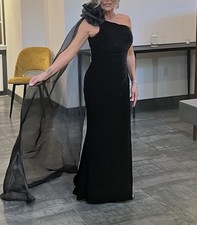 One Shoulder Black Formal Gown Long Dress with Ruffle Accent for Women