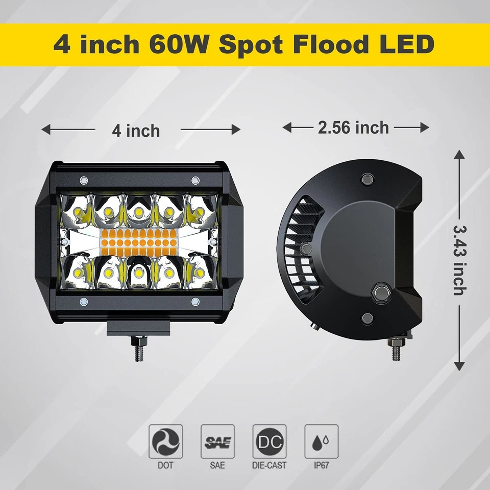 4x 4 pulgadas ámbar LED luz de trabajo luz estroboscópica luces antiniebla inversas para ATV UTV SUV Foto 2 de 4