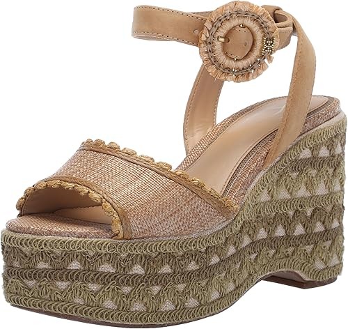 Sam Edelman Amber Buff Tan Ankle Strap Open Toe Raffia Wedges Heeled Sandals - Picture 1 of 6