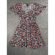 Wrangler Retro Women Small Red White Blue Floral Smocked Waist Button Mini Dress