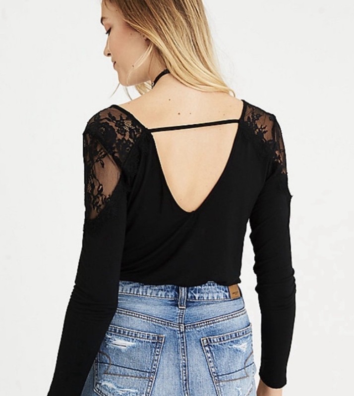 American Eagle Soft & Sexy Tunic Black Shirt Women’s S Lace Sleeve Low Back