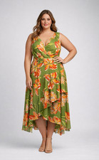 Anne Klein Floral Dress 16W Green Orange Sleeveless Belted Hi-Low NWT