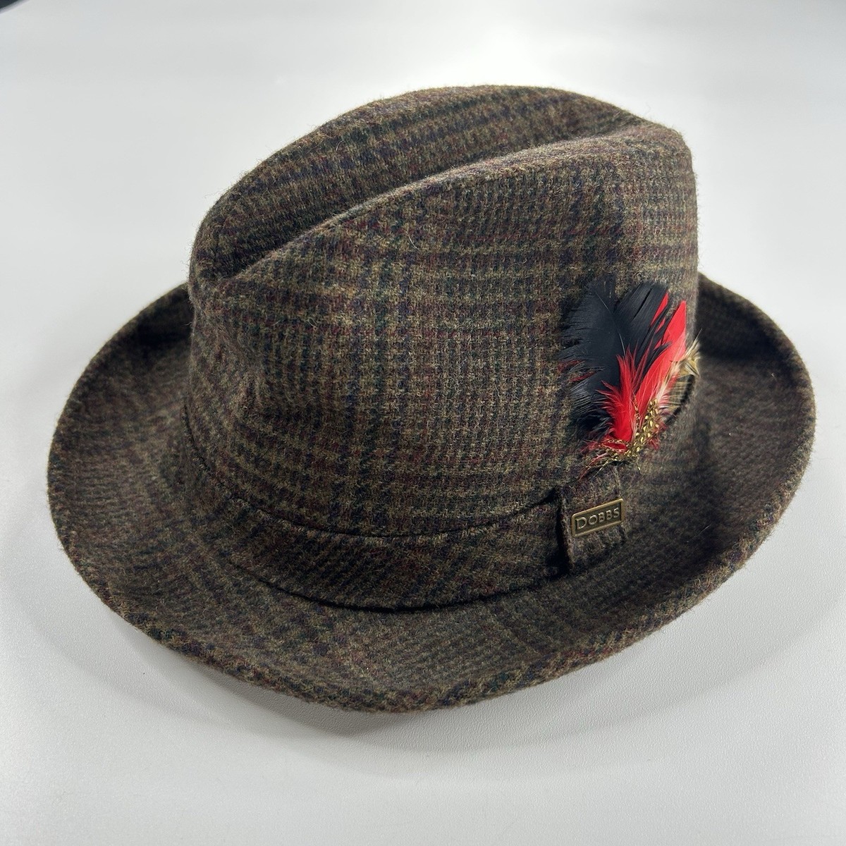 推定50年代 DOBBS guild edge hat fedra Vintage Dobbs Fifth Avenue Wool Fedora Hat Plaid Feather Brown