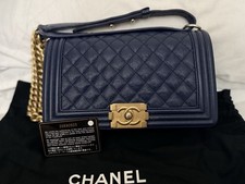 CHANEL Boy Bag Navy Blue Caviar Quilted Shoulder Bag with Brand Card Dust Bag