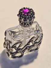 MINI PERFUME BOTTLE w DECORATIVE SILVER OVERLAY ON GLASS-PINK STONE CAP #1364