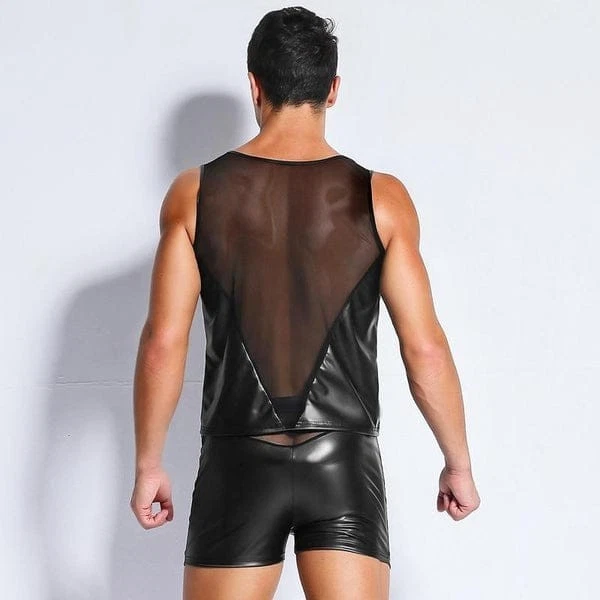 Conjunto de camiseta sin mangas y pantalones cortos de malla de cuero para hombre - Disfraz de ropa de club punk gótico Foto 4 de 4