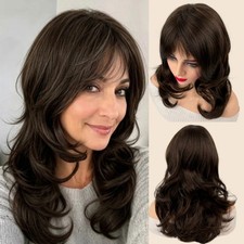 Women Brown Layer Wavy Wig Curtain Bangs Heat...