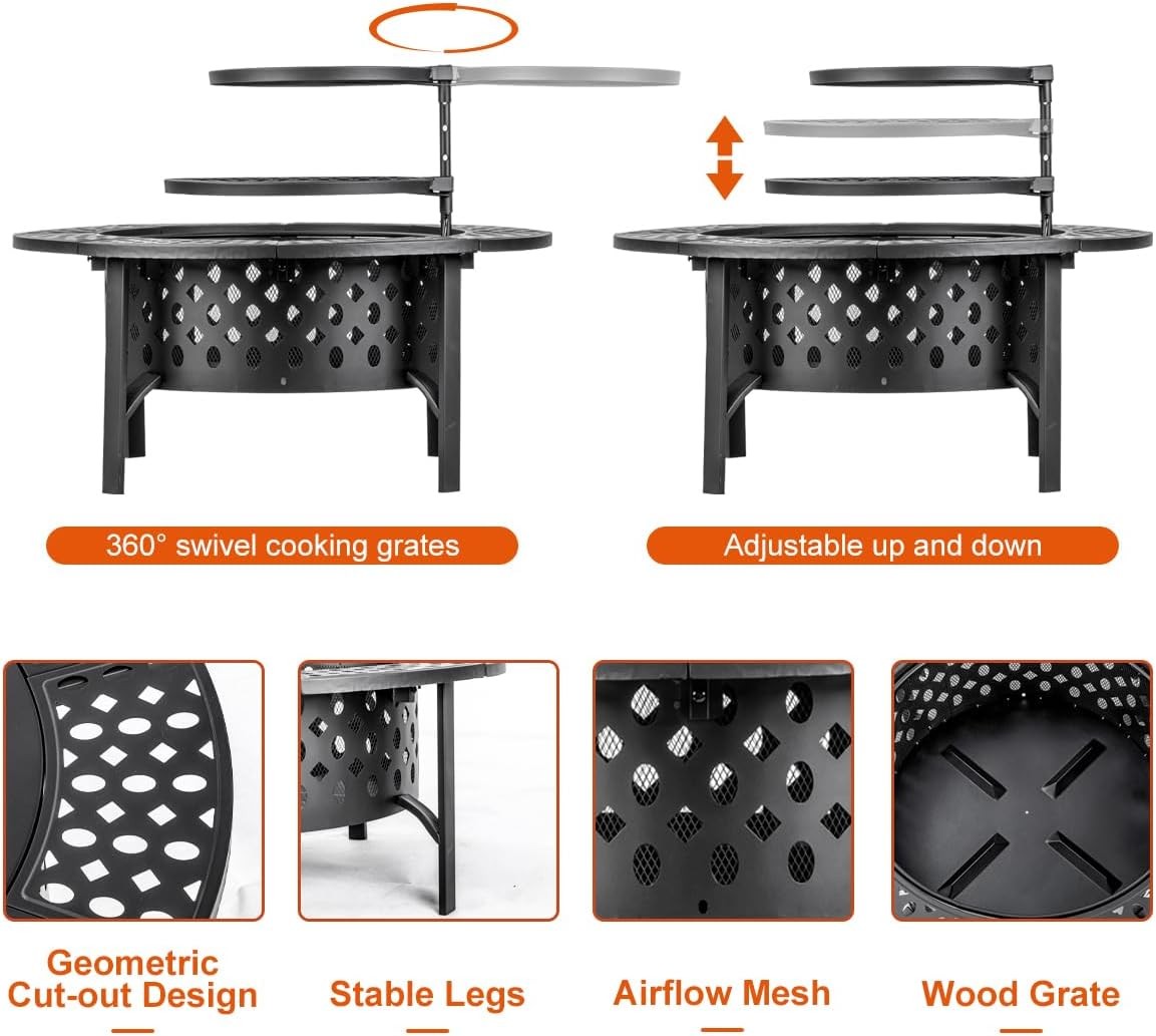 36 Inch Fire Pit with 2 , Wood  Fire Pits for Outside with Lid, Poker and Round 