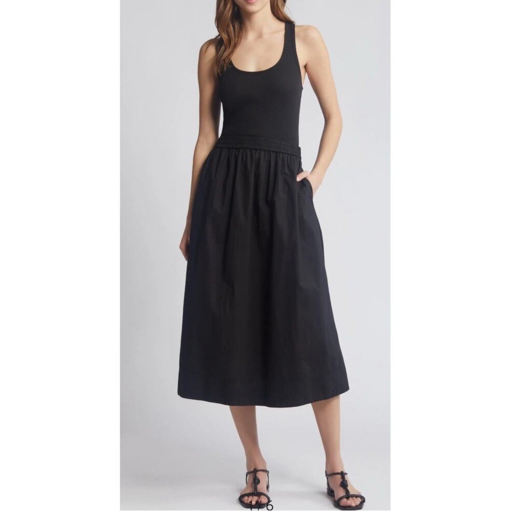 NWOT Nation Ltd Sadelle Black Stretch Cotton Midi Dress Size M