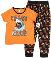 Boys Small 6-7 Shark Pajamas Feast Mode Bacon Eggs Donuts Shirt Pant PJ Set