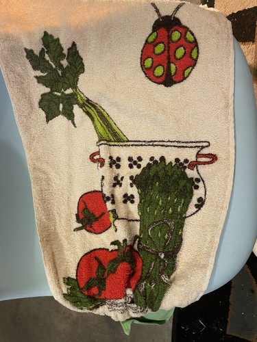 VTG Hand Towel Kitchen Hang Handle Button Handmade Retro Vegetable Ladybug - Picture 2 of 3