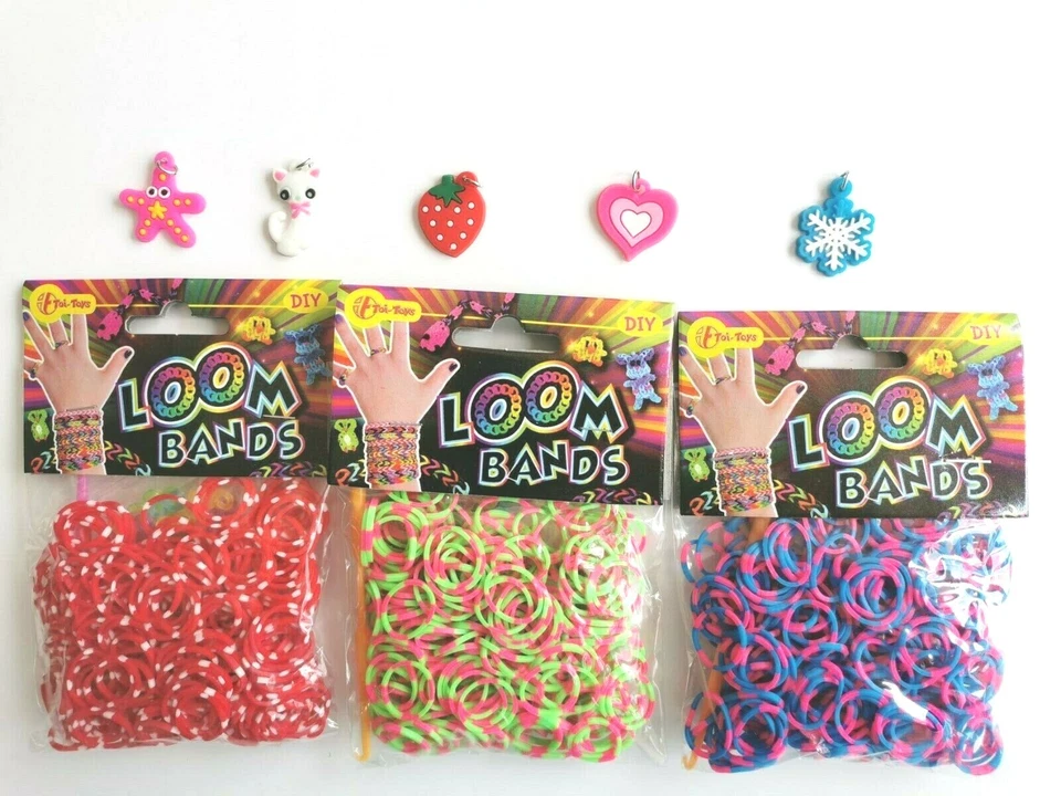 TOI TOYS Loom Bänder Bands Set 3x300 Looms ca.900St 5 Charms 36x S-Clips 3 Häkelnadeln