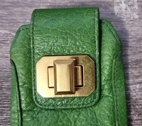JUICY COUTURE Green Pebbled Leather Card Cell Phone Makeup Bag Clutch Gold Snap - Picture 2 of 10