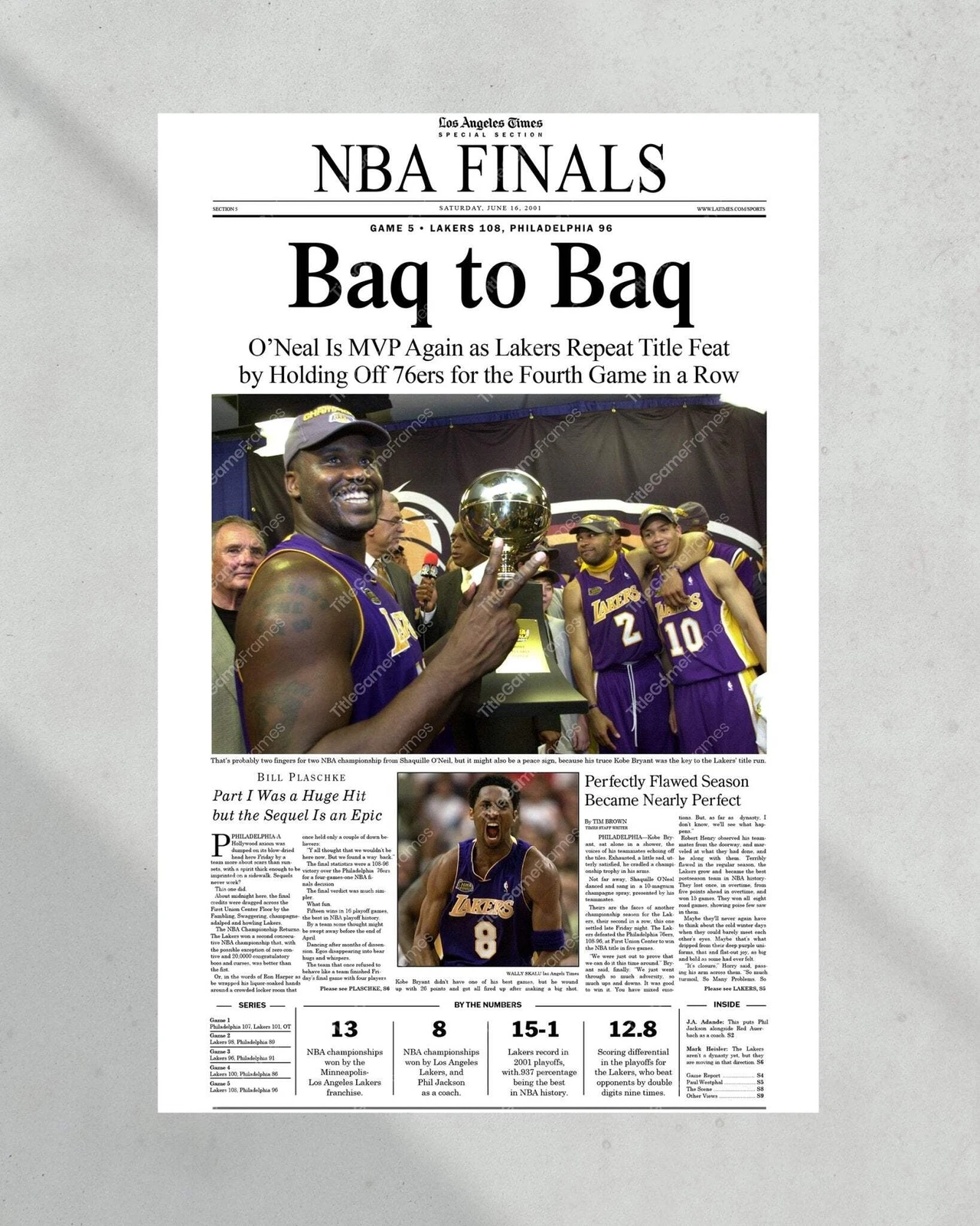 2001 Los Angeles Lakers NBA Champion UnFramed Front Page Newspaper Print