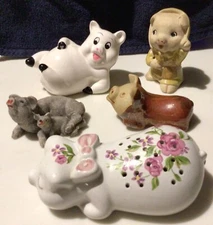 Lot of 5 Pig & Piglet Figurines, UCTCI (w/sticker), Avon, Enesco (w/sticker)