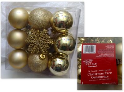BEAUTIFUL! ASSORTMENT OF 16 GOLD CHRISTMAS ORNAMENTS AND 10 SNOWFLAKES NEW