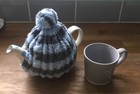 Handmade Knitted Vintage Style Tea Cosy In Grey and Pale Blue With Pom Pom