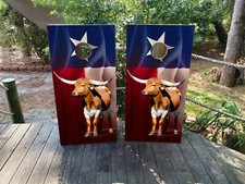 FADEPROOF Cornhole Board Wraps Laminated / Texas Flag with Long Horn /